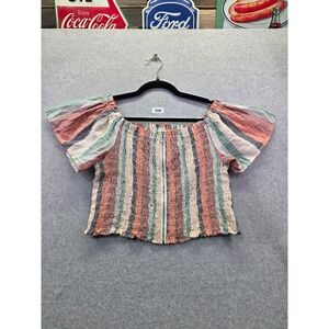 American Eagle Smocked Crop Top Multi Color Striped Zip Front Off Shoulder Large